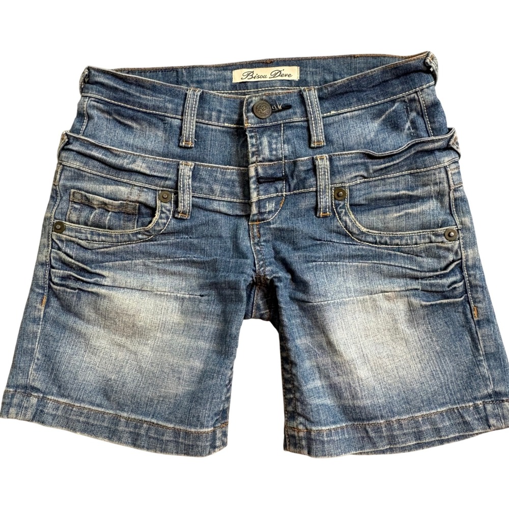 Bisou D'eve Blue Denim Shorts Distressed Embellished Pockets Women's Size 27